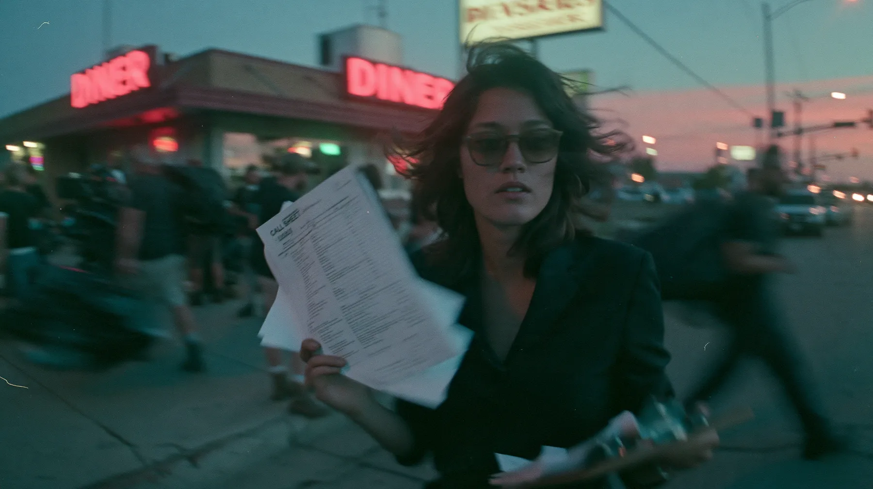 A production assistant running with a handful of printed call sheets past a neon diner sign at dusk, with film crew blurred in the background