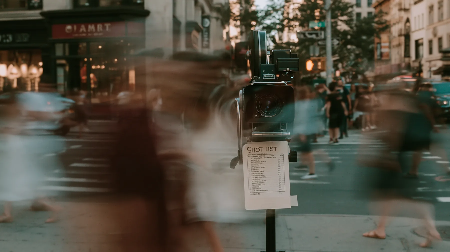 A film camera on a stand with a shot list taped to it on a busy New York street, pedestrians blurred by motion