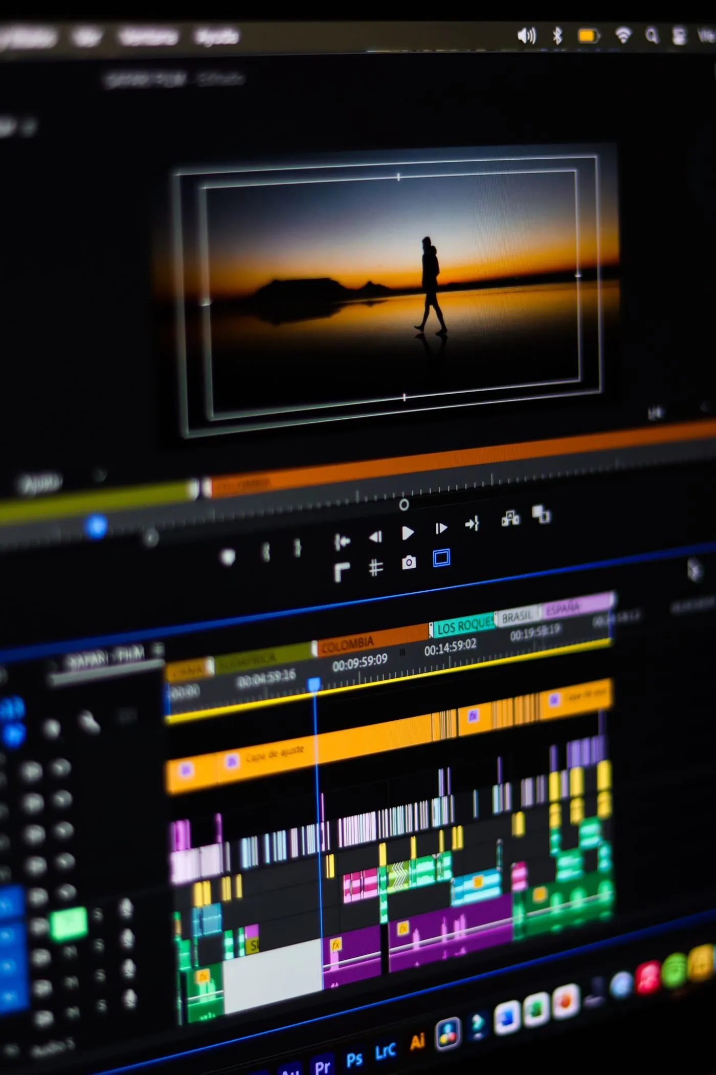 A video editing timeline with a sunset clip in the preview monitor
