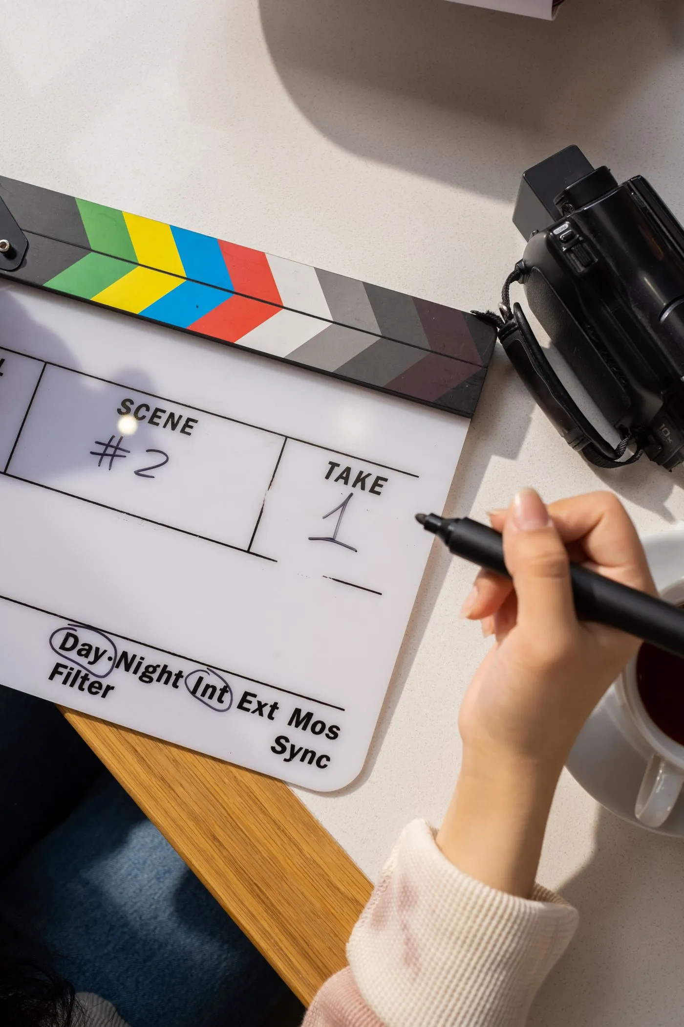 A hand writing the scene number on a film slate